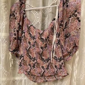 Free People Smocked Floral Blouse Puff Sleeve Purple Pink Boho Top M but fits L